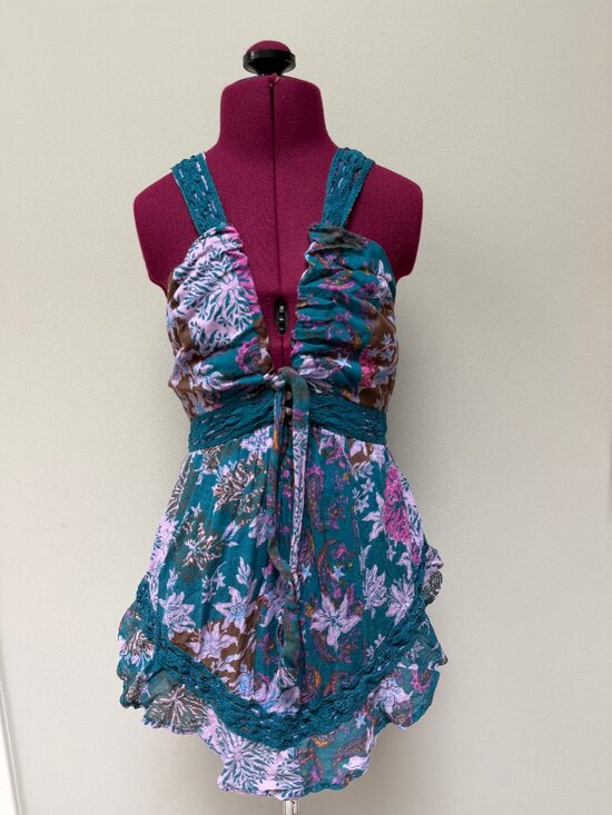 Free People Pants - Free People Teal Floral Romper With Lace Detail - Size XS